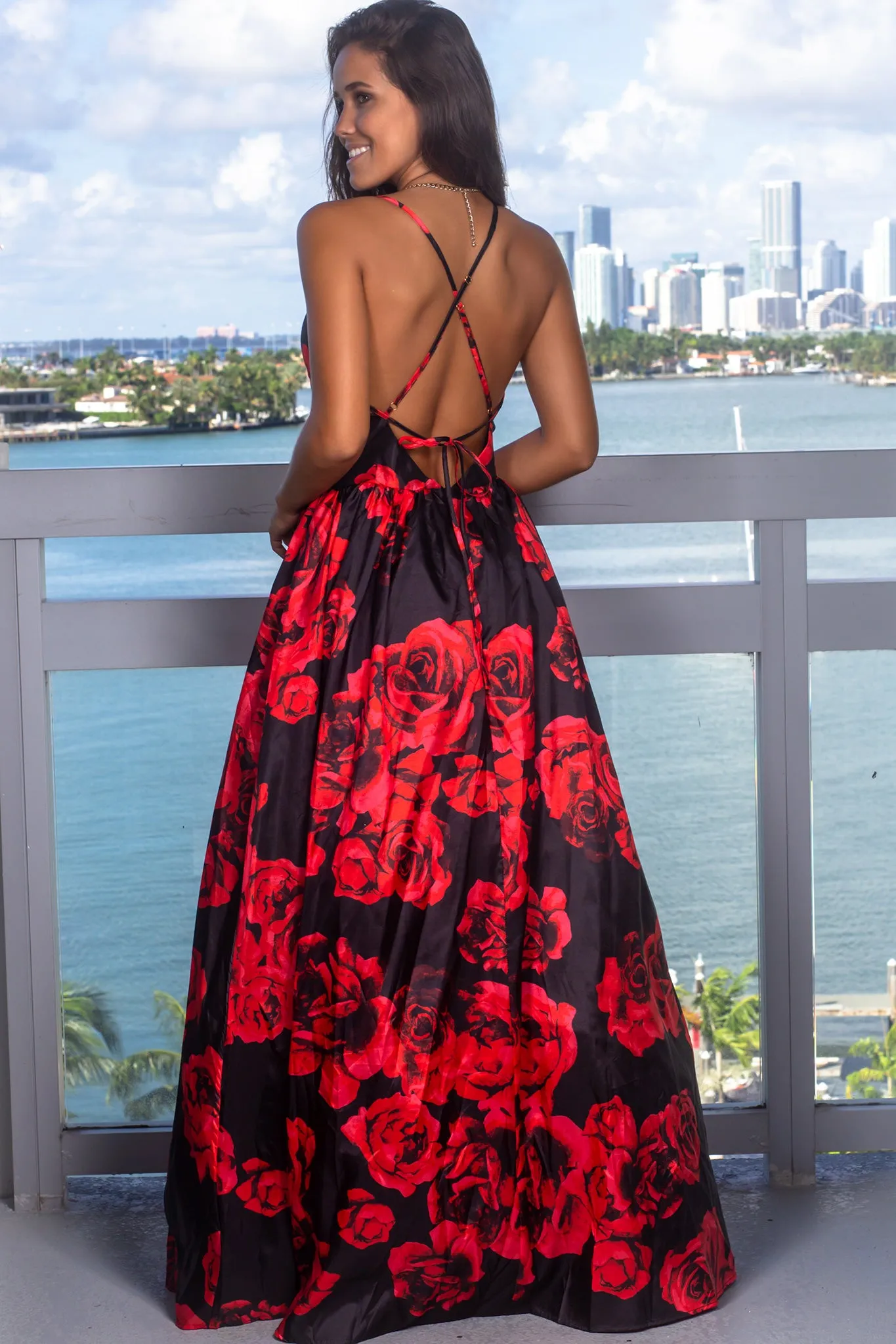 Red and Black Floral Maxi Dress with Criss Cross Back