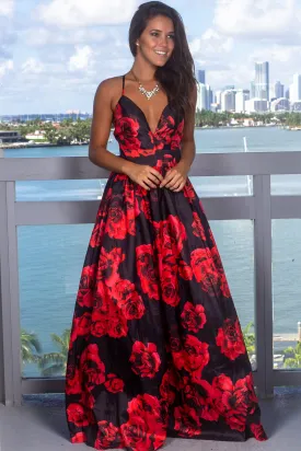 Red and Black Floral Maxi Dress with Criss Cross Back