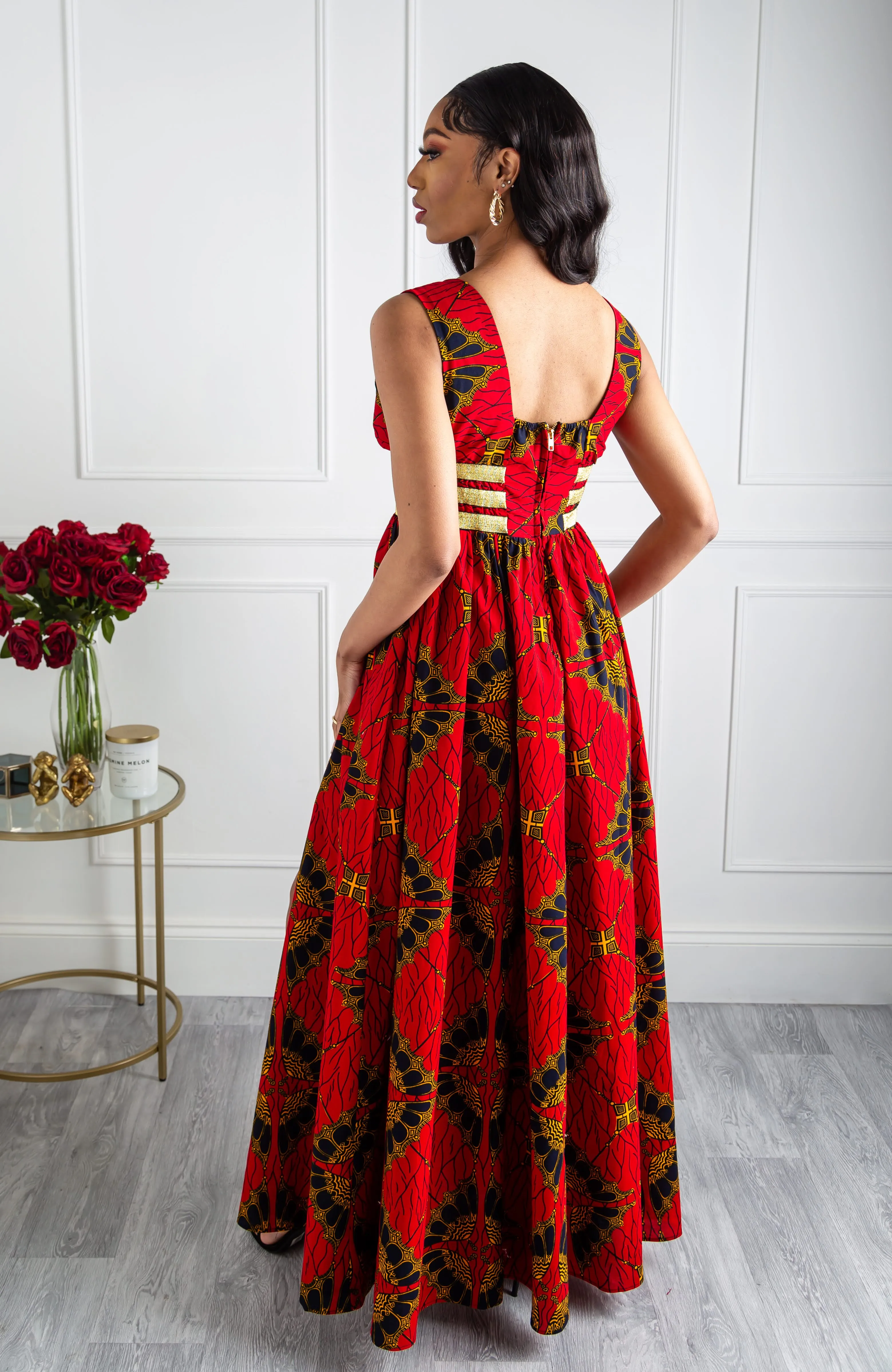 Red Ankara Plunge Neckline Maxi Dress - CORDELIA