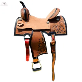 Resistance Rough Out Hard Seat Barrel Style Saddle With Floral Tooled Leather Square Skirt and Fenders - 14, 15, 16 Inch