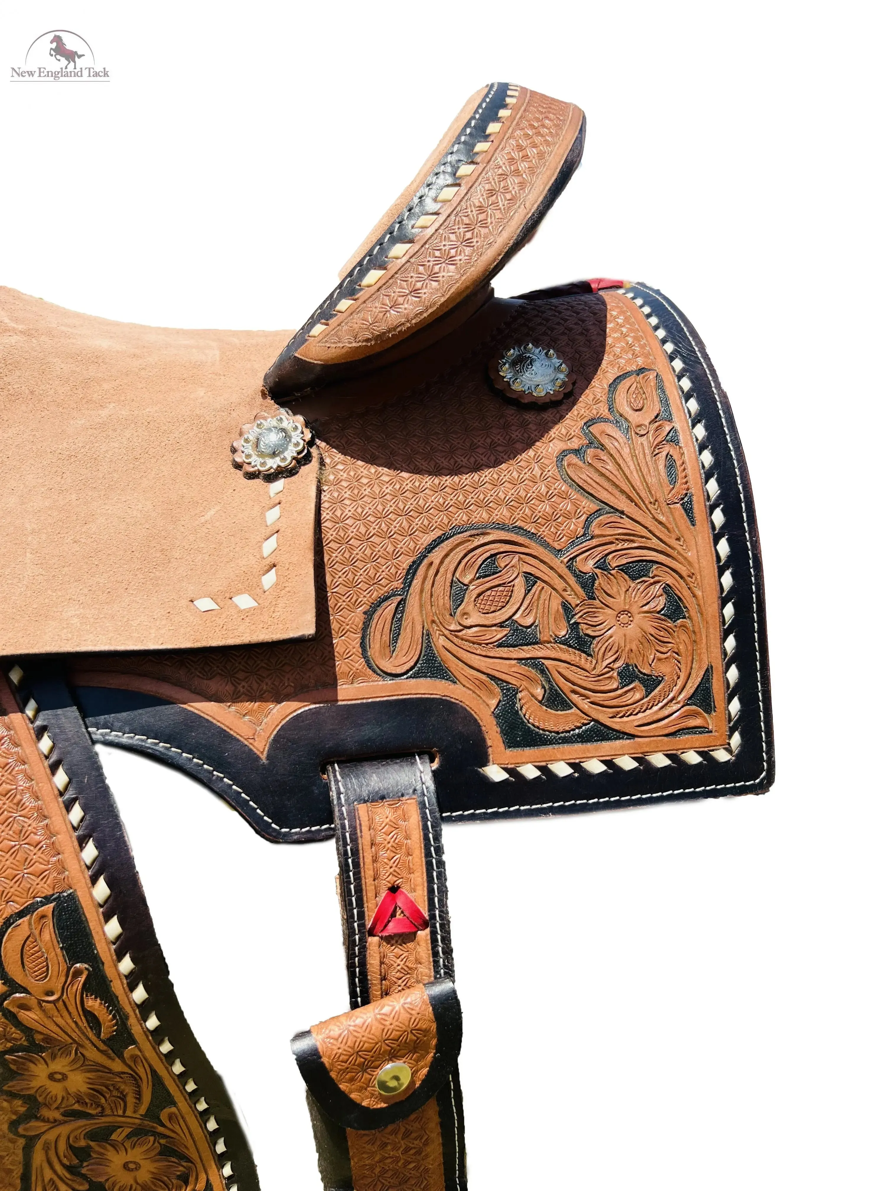 Resistance Rough Out Hard Seat Barrel Style Saddle With Floral Tooled Leather Square Skirt and Fenders - 14, 15, 16 Inch