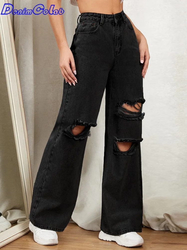 Ripped Hole Washed Wide Leg Lady Jeans (Black/Light Blue)