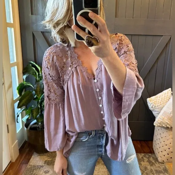 Roslyn Lilac Lace Long Sleeve Button Front Blouse