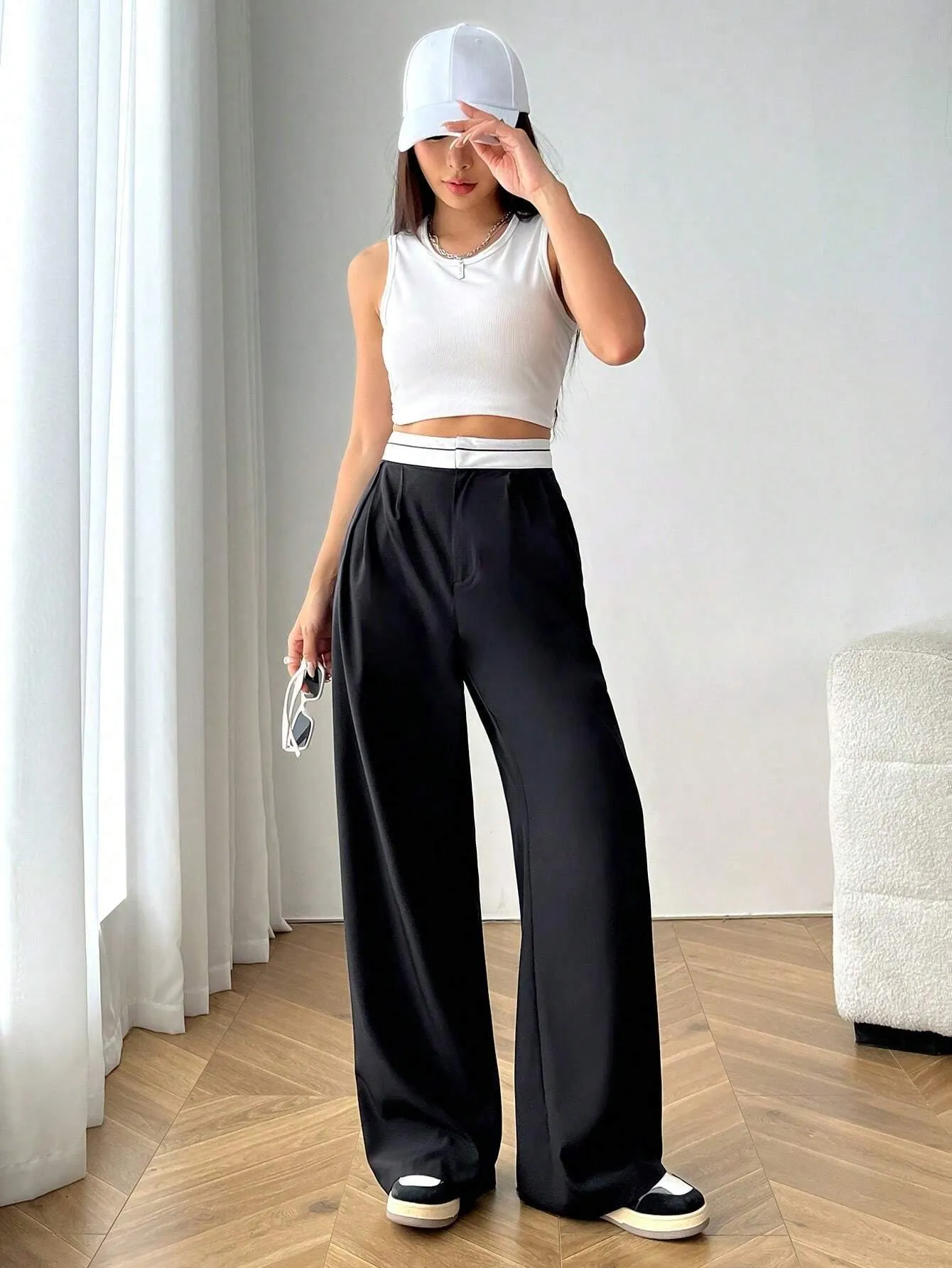 SHEIN EZwear High Waist Plicated Detail Wide Leg Suit Pants