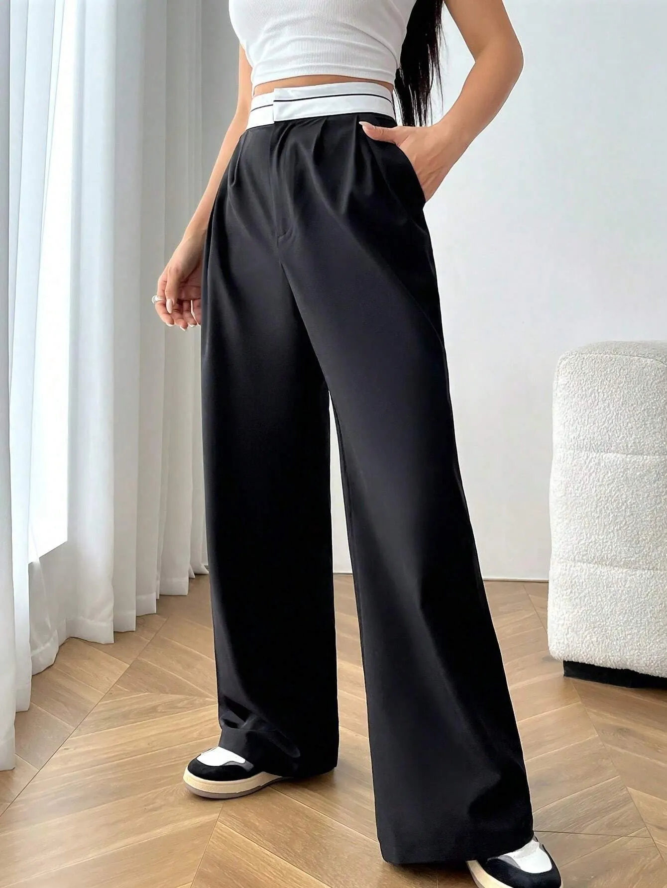 SHEIN EZwear High Waist Plicated Detail Wide Leg Suit Pants