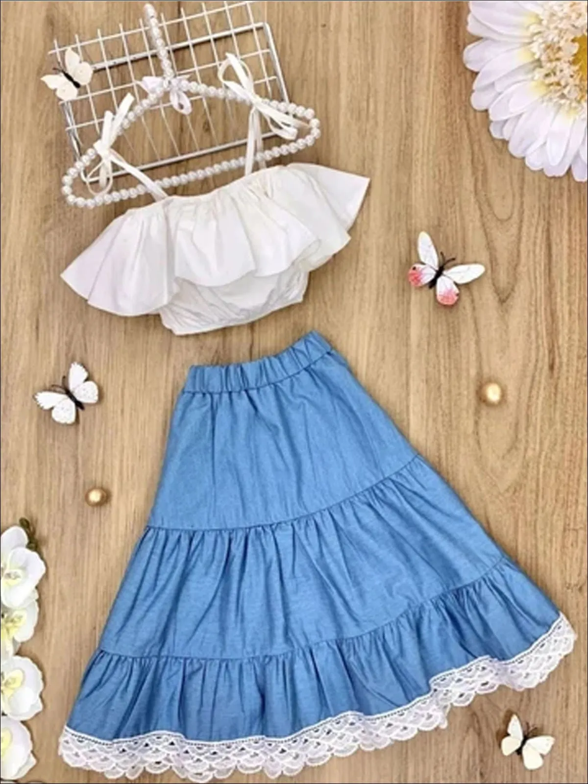 She's A Classic Chambray Lace Skirt Set