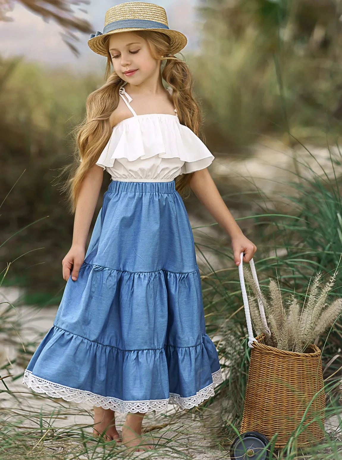 She's A Classic Chambray Lace Skirt Set