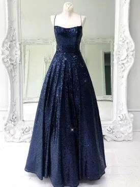 Shiny A Line Open Back Navy Blue Long Prom, Sparkly Backless Navy Blue Formal Evening