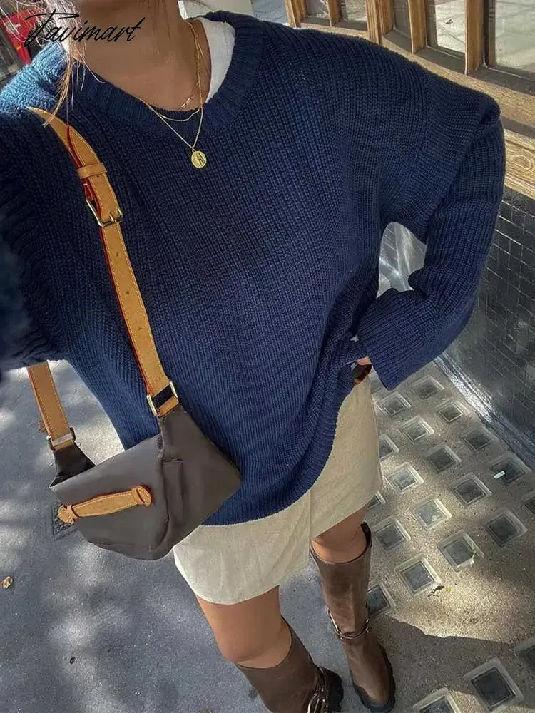 TAVIMART  Vintage Blue Women Ribbed Loose Knit Jumper Pullover Long Sleeve Oversized O-neck Autumn Sweater Chic Casual Lady Knitwear Tops