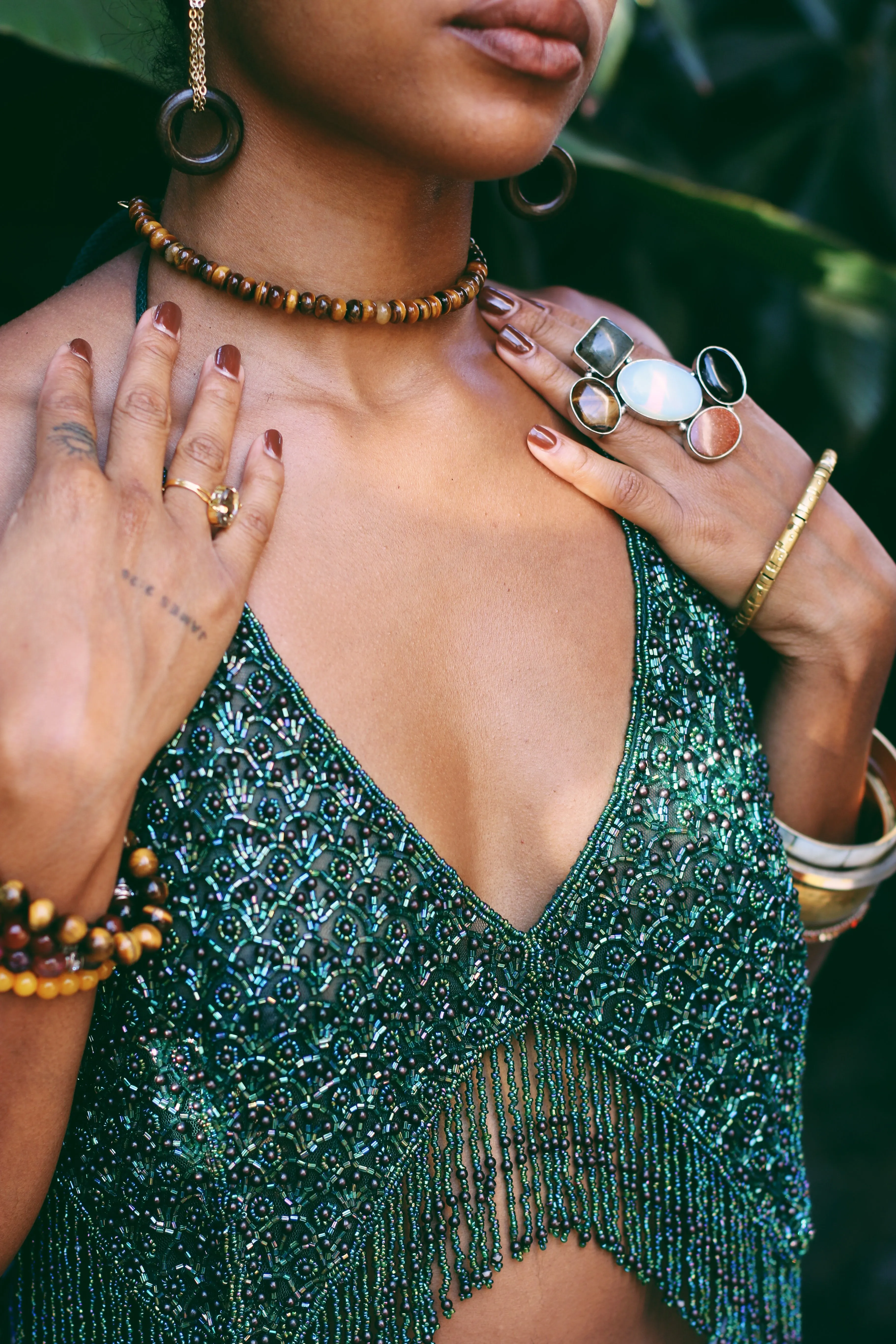 Vintage Beaded Halter Tops with Beaded Fringe Accents