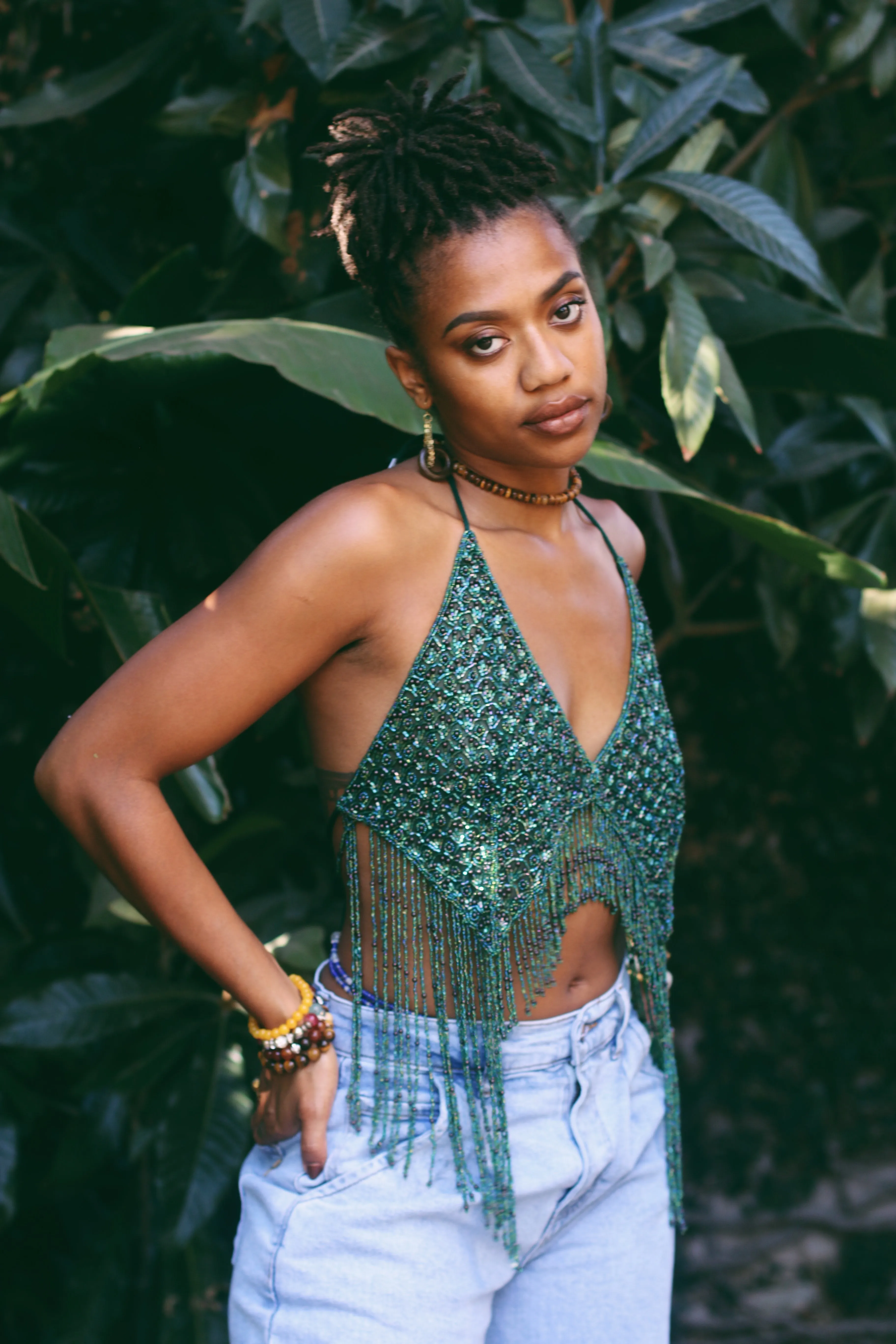 Vintage Beaded Halter Tops with Beaded Fringe Accents