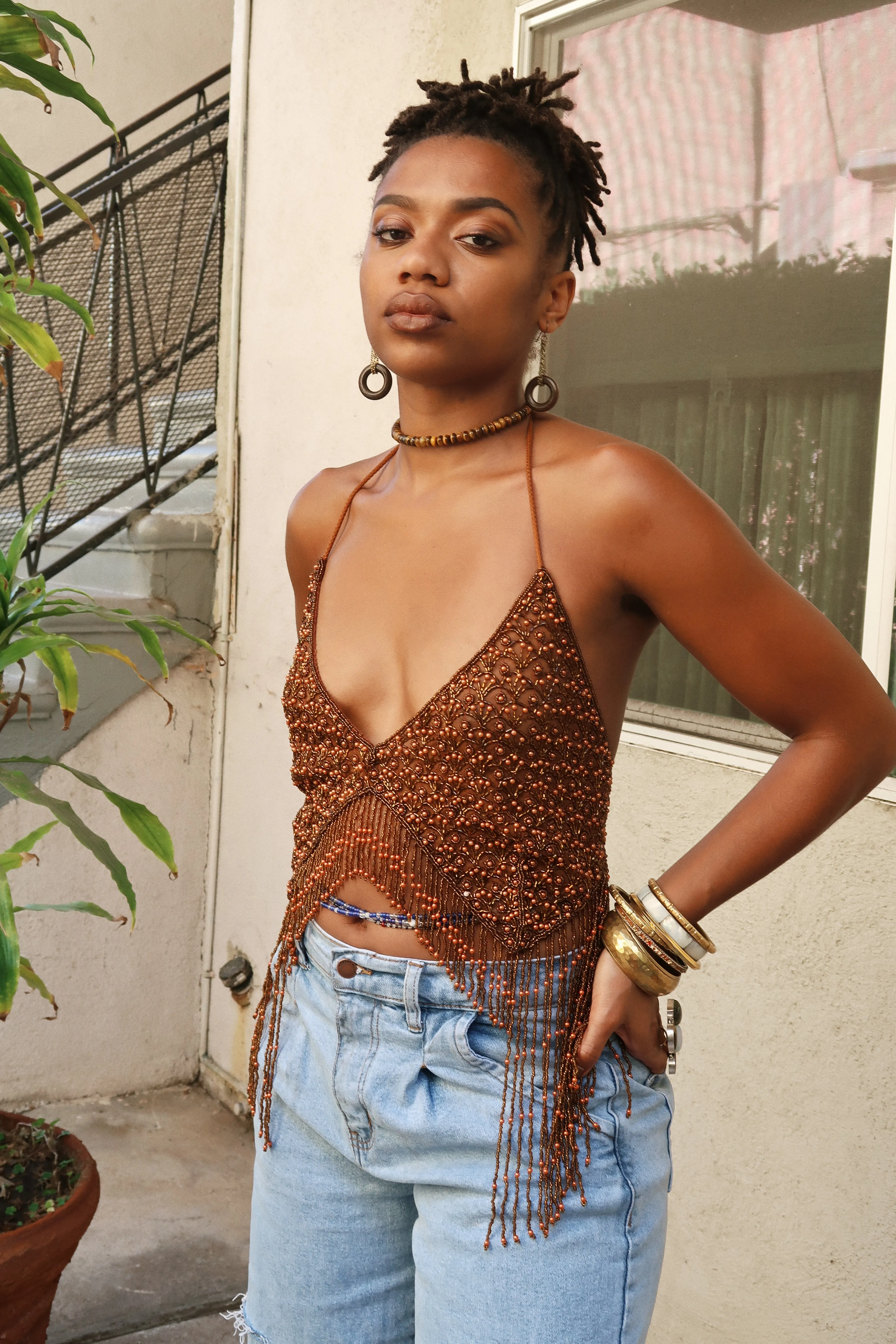 Vintage Beaded Halter Tops with Beaded Fringe Accents