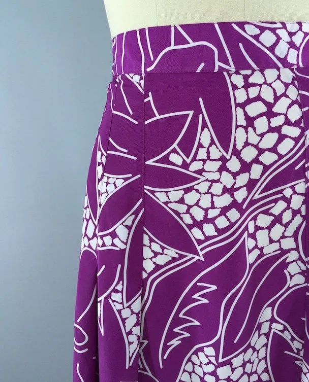 Vintage Midi Skirt / Purple Tropical Floral Print