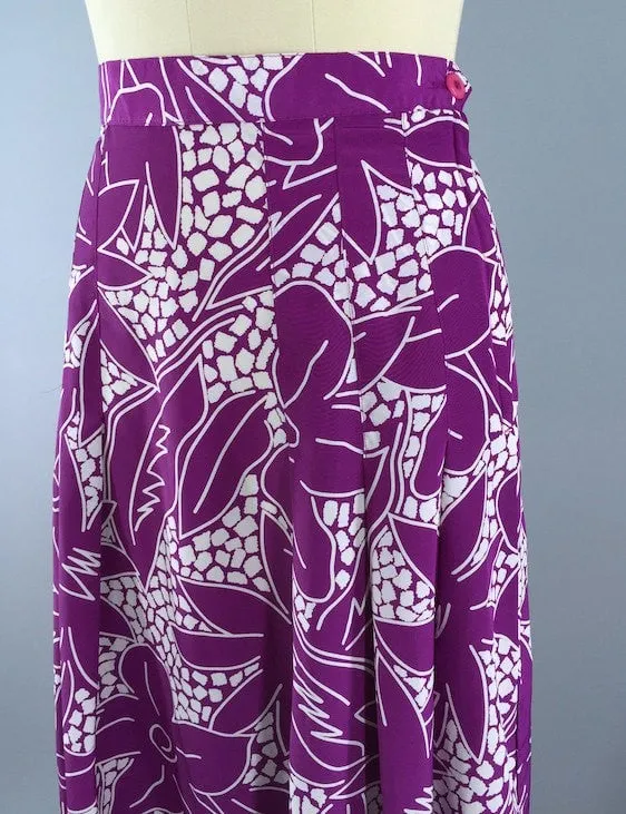 Vintage Midi Skirt / Purple Tropical Floral Print