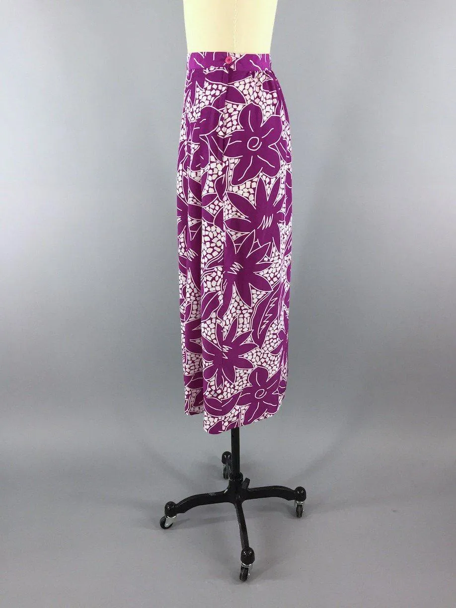 Vintage Midi Skirt / Purple Tropical Floral Print