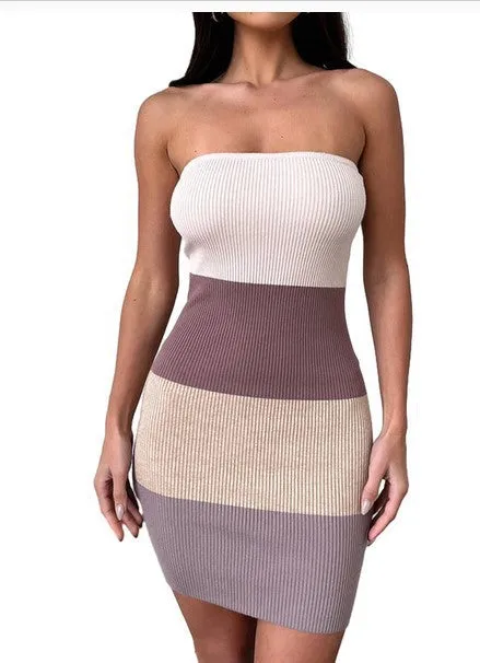 Waist-tight Color Matching Woolen Tube Top Dress