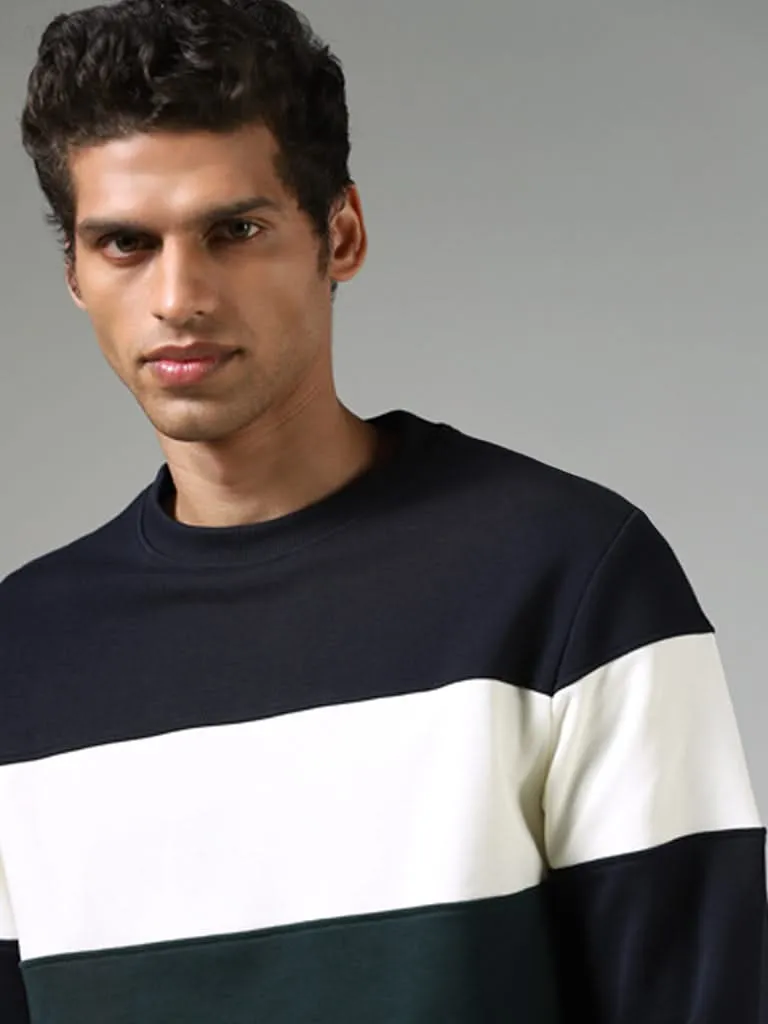 WES Casuals Navy & Emerald Green Colour Blocked Relaxed-Fit Sweatshirt