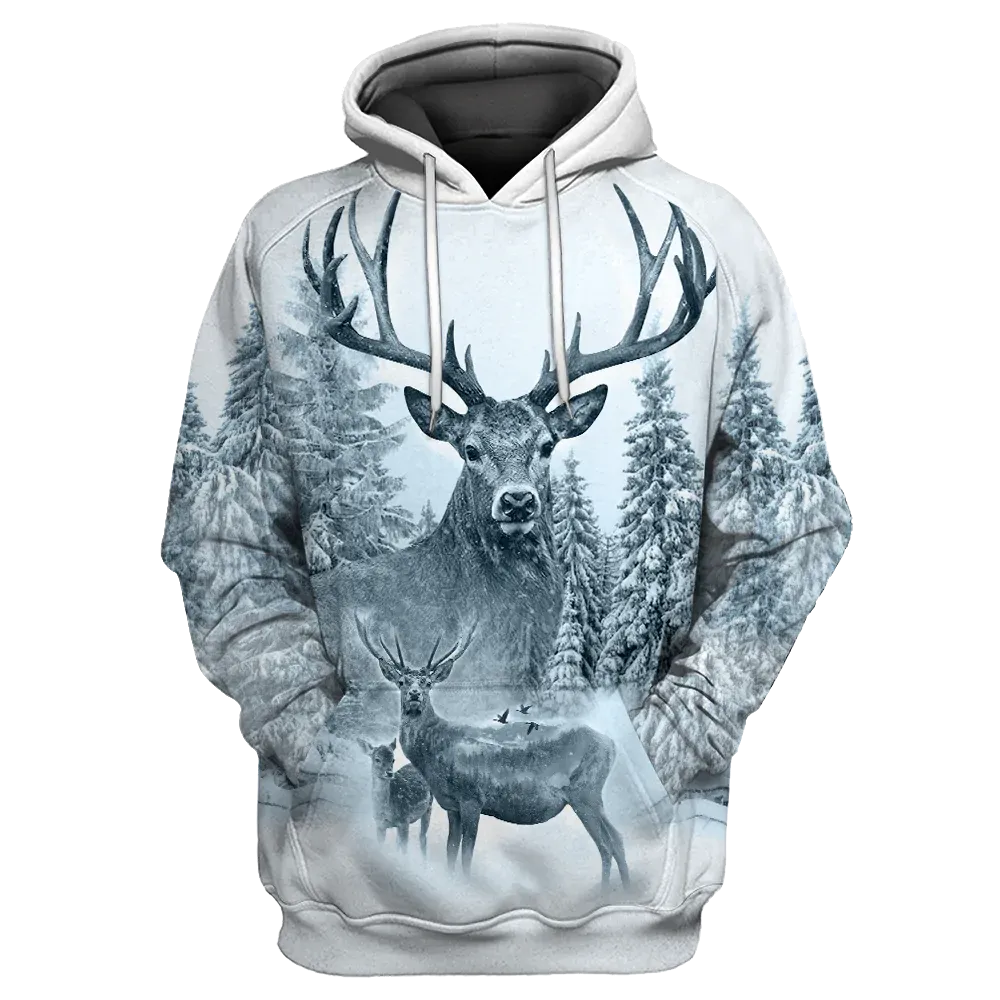 White Deer Hunting Full Print On Hoodies, Hunting Hoodie, White Winter Hunting Hoodies Women