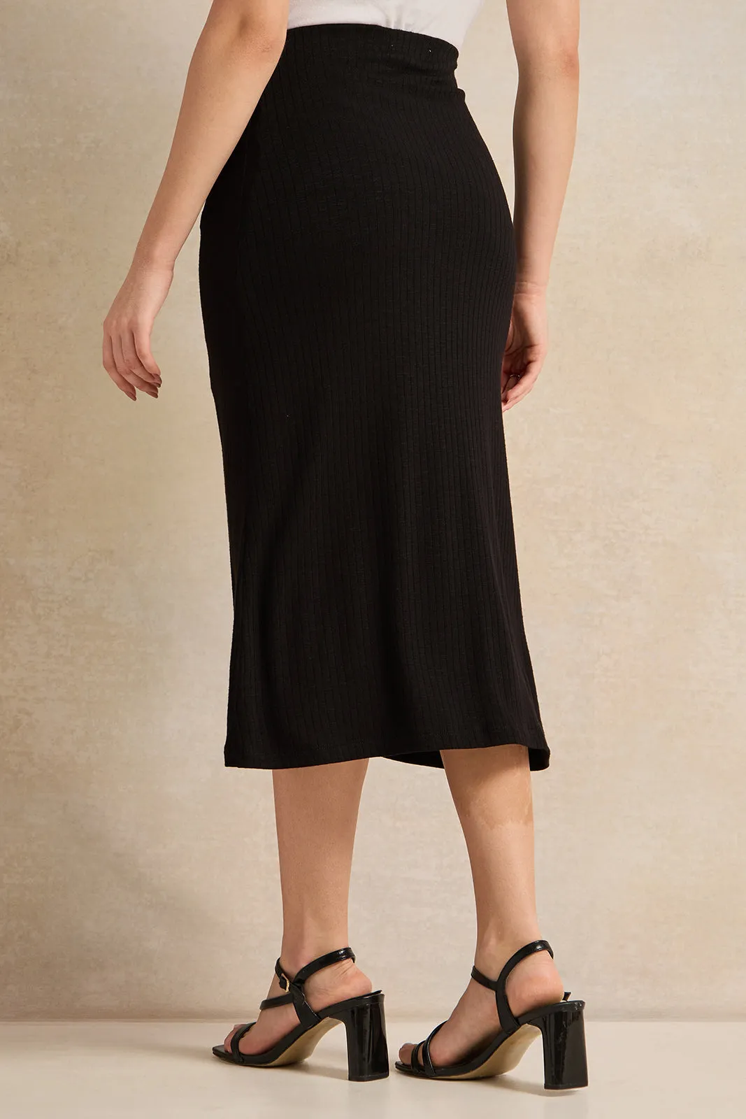 Women Black Ribbed Structure A Line Skirt