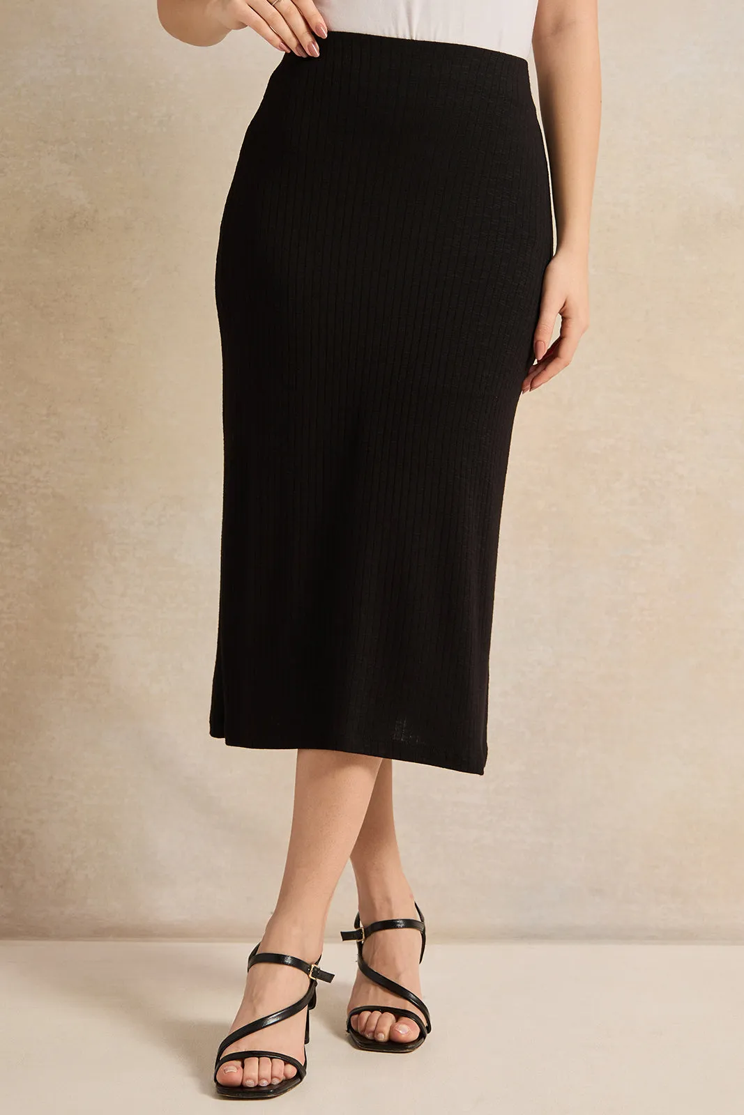 Women Black Ribbed Structure A Line Skirt