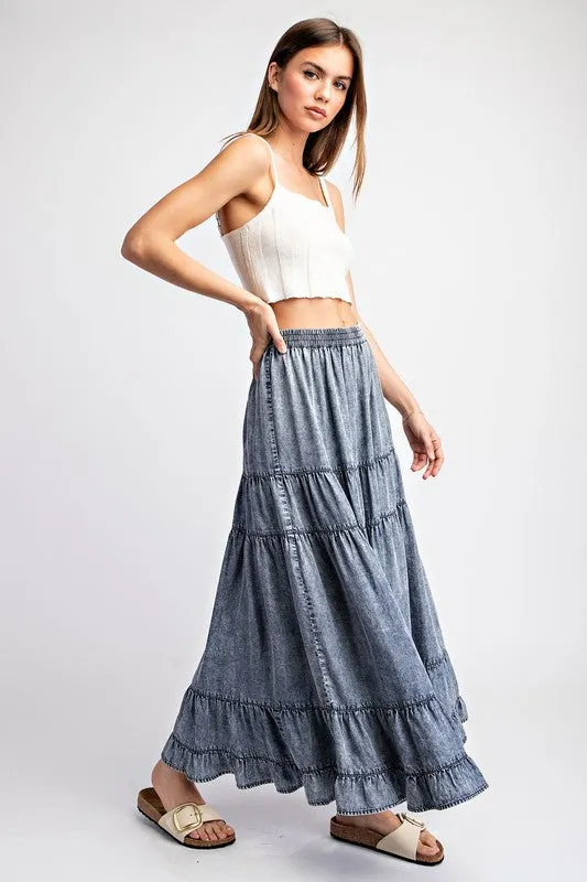 Women's Denim Maxi Skirt – Tiered Ruffled A-Line Long Skirt