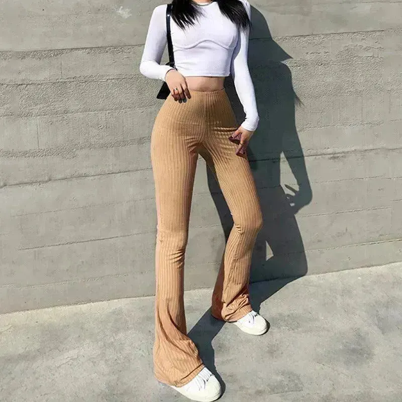 Women's Fashion Solid Color Tight-fitting High-waist Micro-cut Stretch Casual High rise Wide Leg Pant Trousers