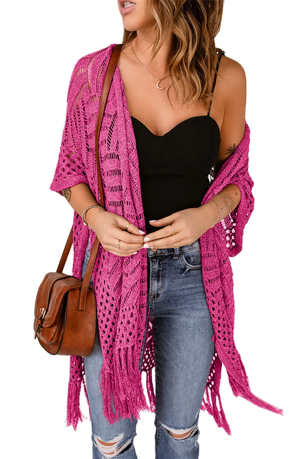 Women's Loose Knitwear Tassels Kimono with Slits