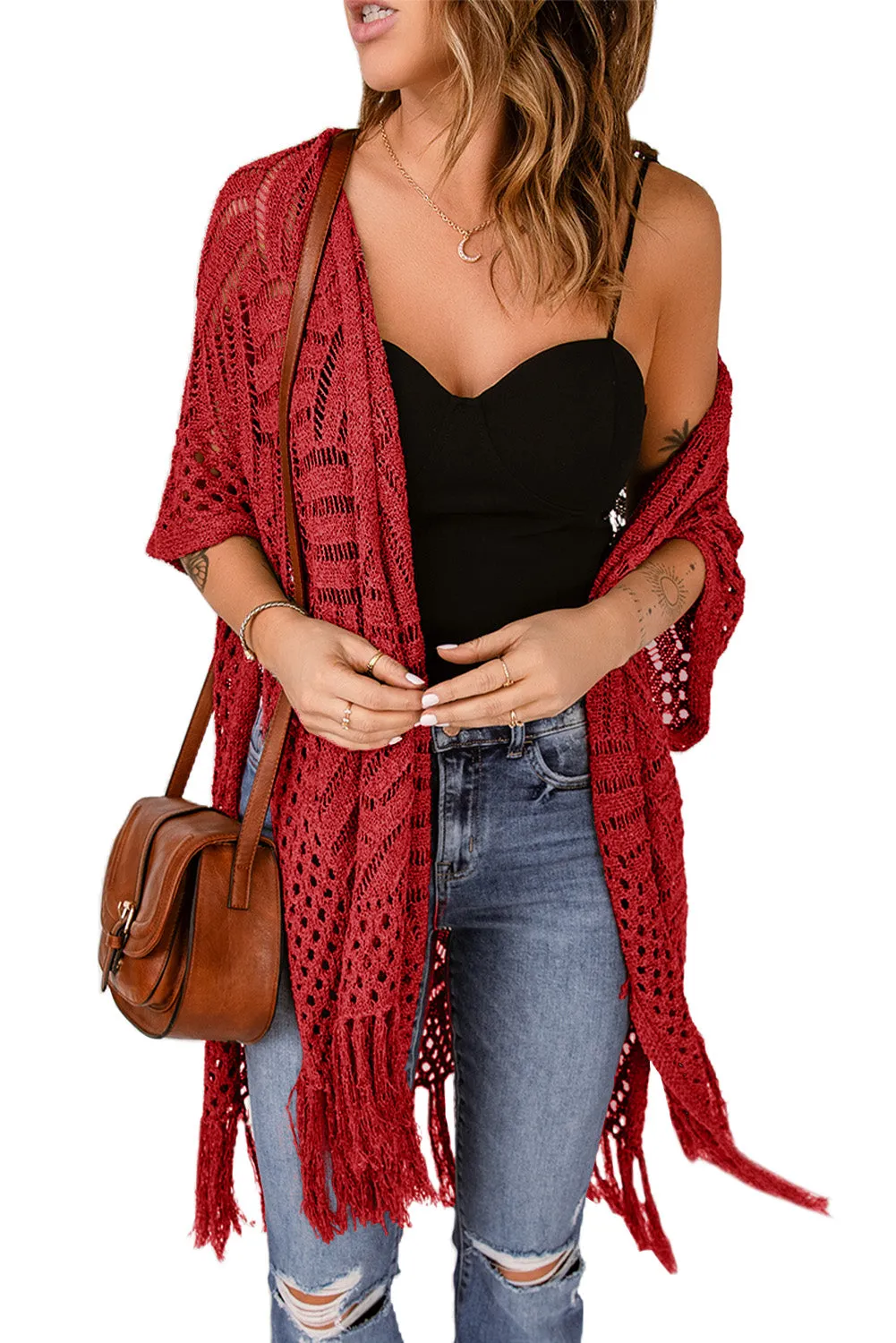 Women's Loose Knitwear Tassels Kimono with Slits