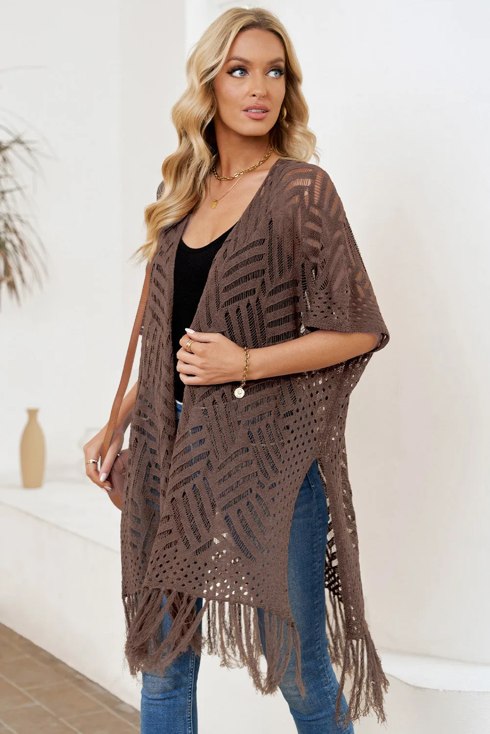 Women's Loose Knitwear Tassels Kimono with Slits