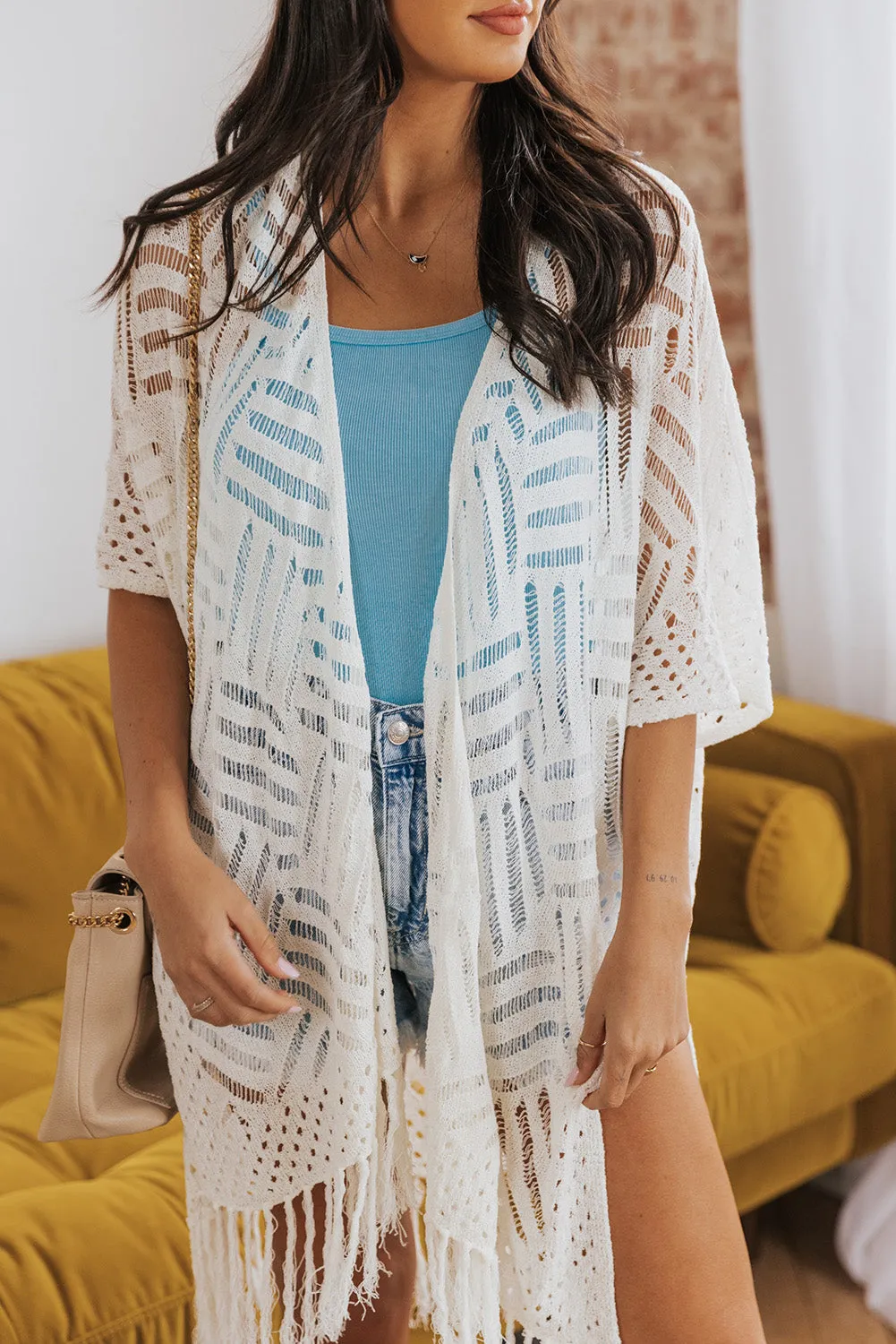 Women's Loose Knitwear Tassels Kimono with Slits