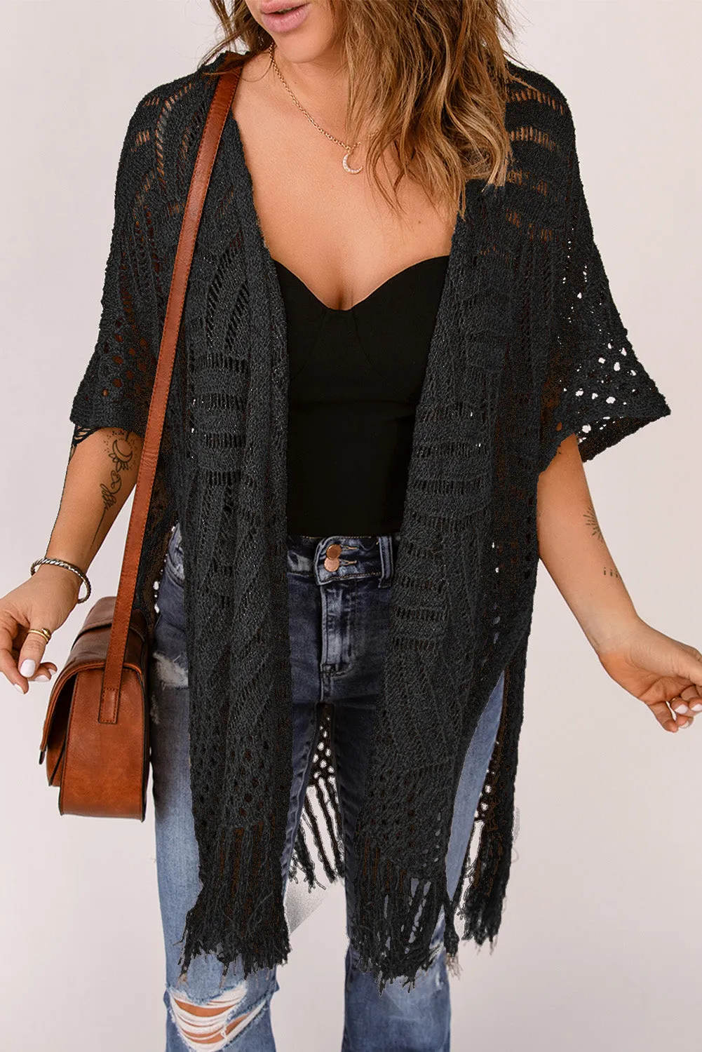 Women's Loose Knitwear Tassels Kimono with Slits