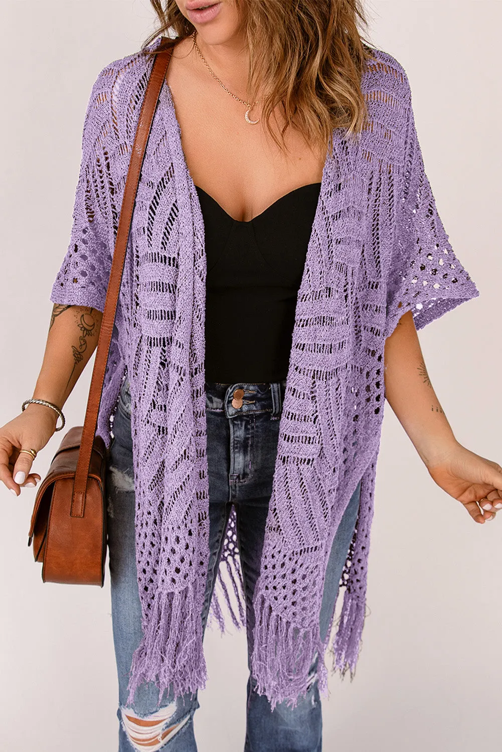 Women's Loose Knitwear Tassels Kimono with Slits