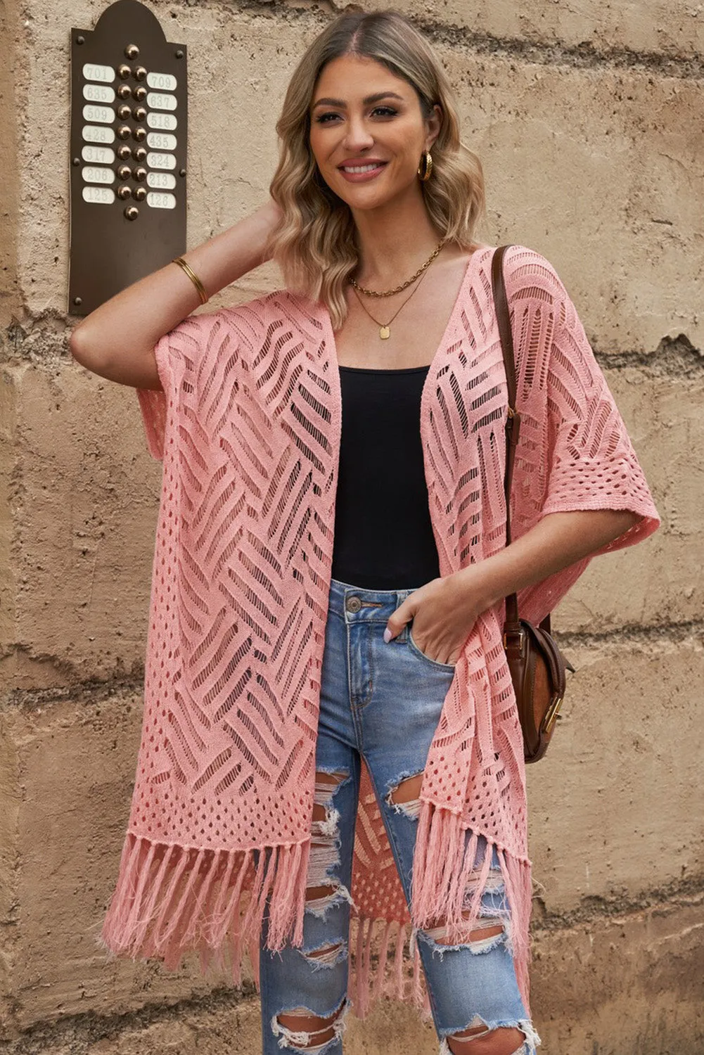 Women's Loose Knitwear Tassels Kimono with Slits