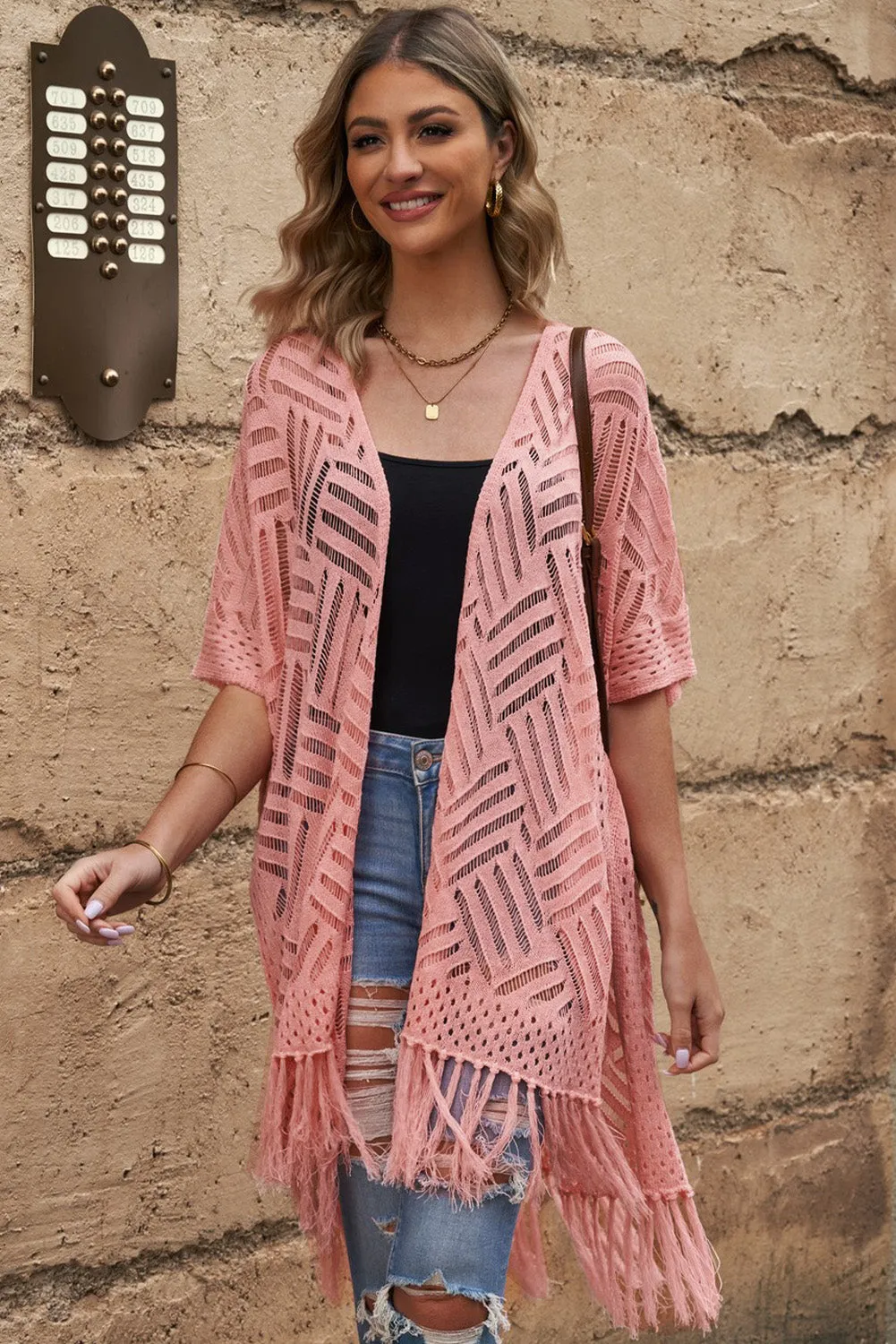 Women's Loose Knitwear Tassels Kimono with Slits