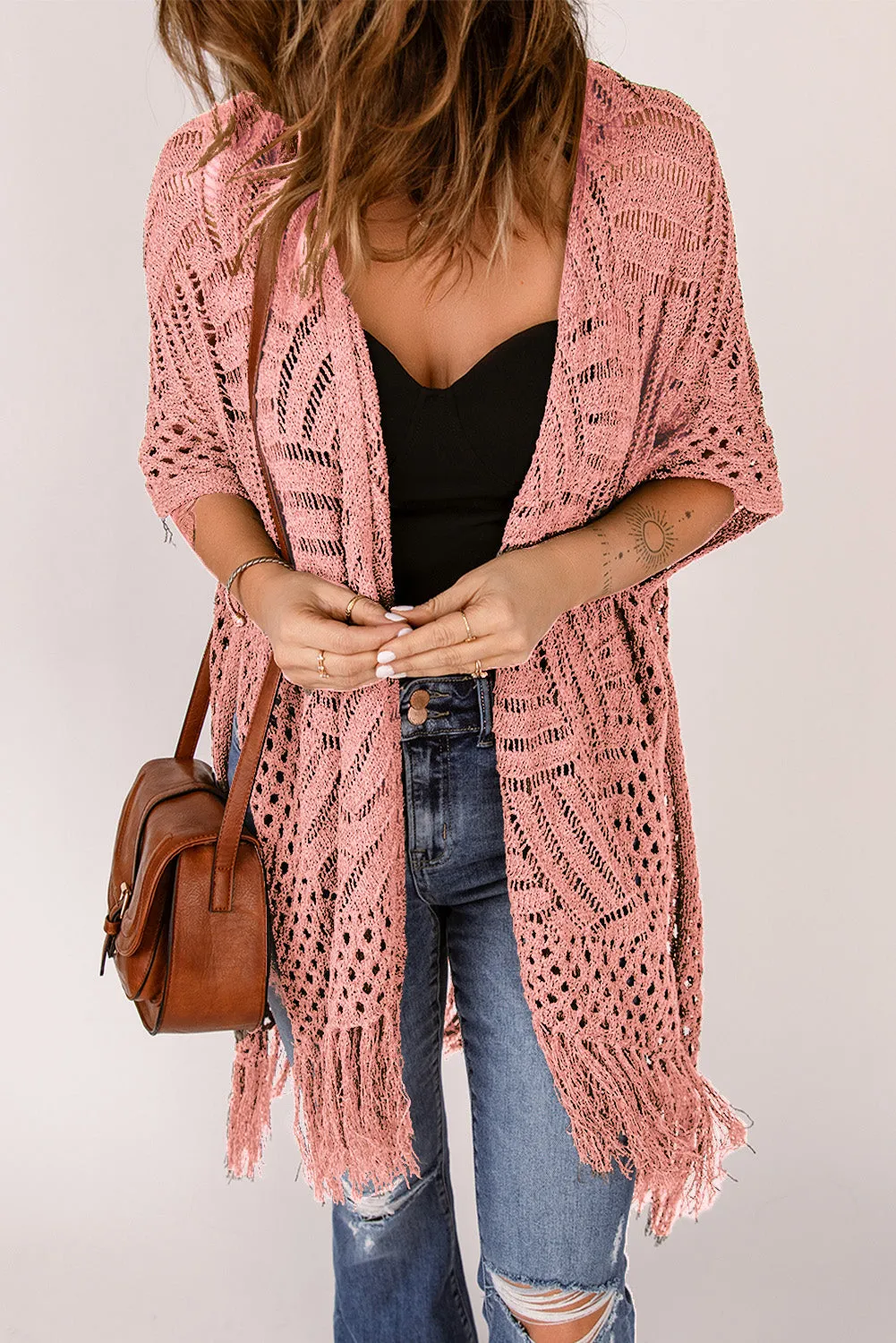 Women's Loose Knitwear Tassels Kimono with Slits