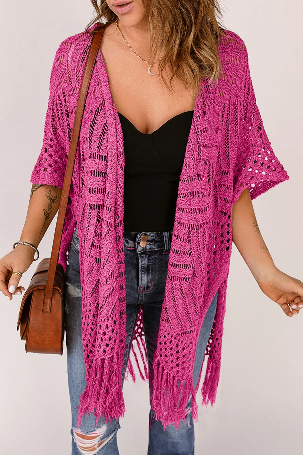 Women's Loose Knitwear Tassels Kimono with Slits