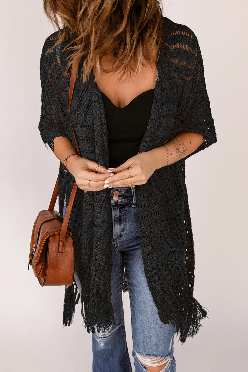 Women's Loose Knitwear Tassels Kimono with Slits