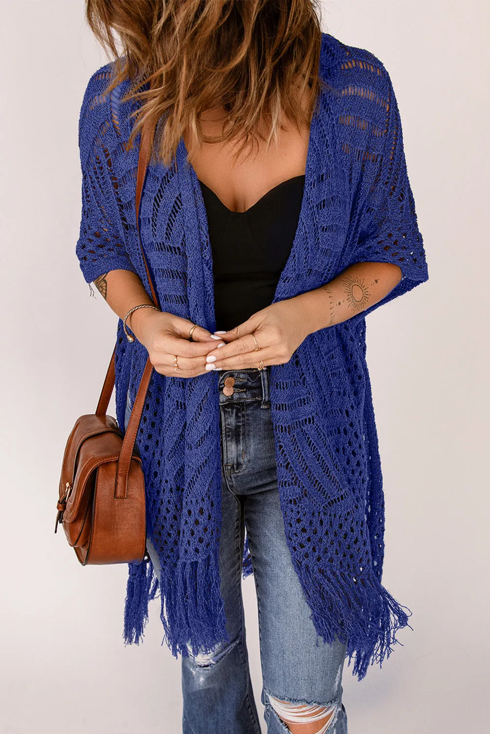 Women's Loose Knitwear Tassels Kimono with Slits