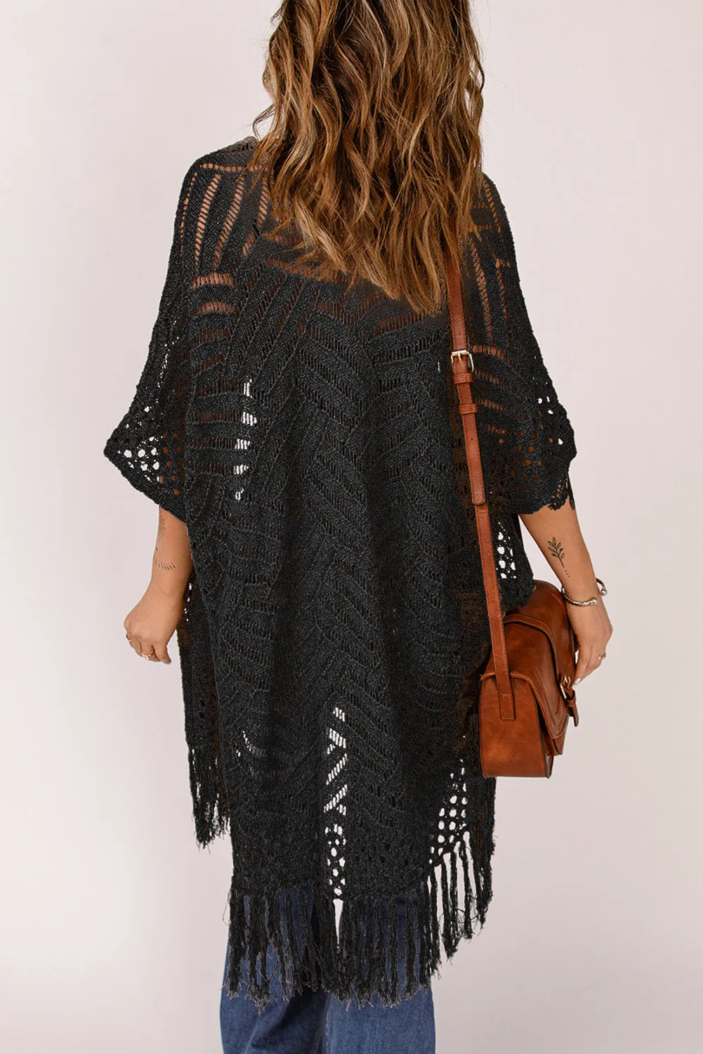 Women's Loose Knitwear Tassels Kimono with Slits