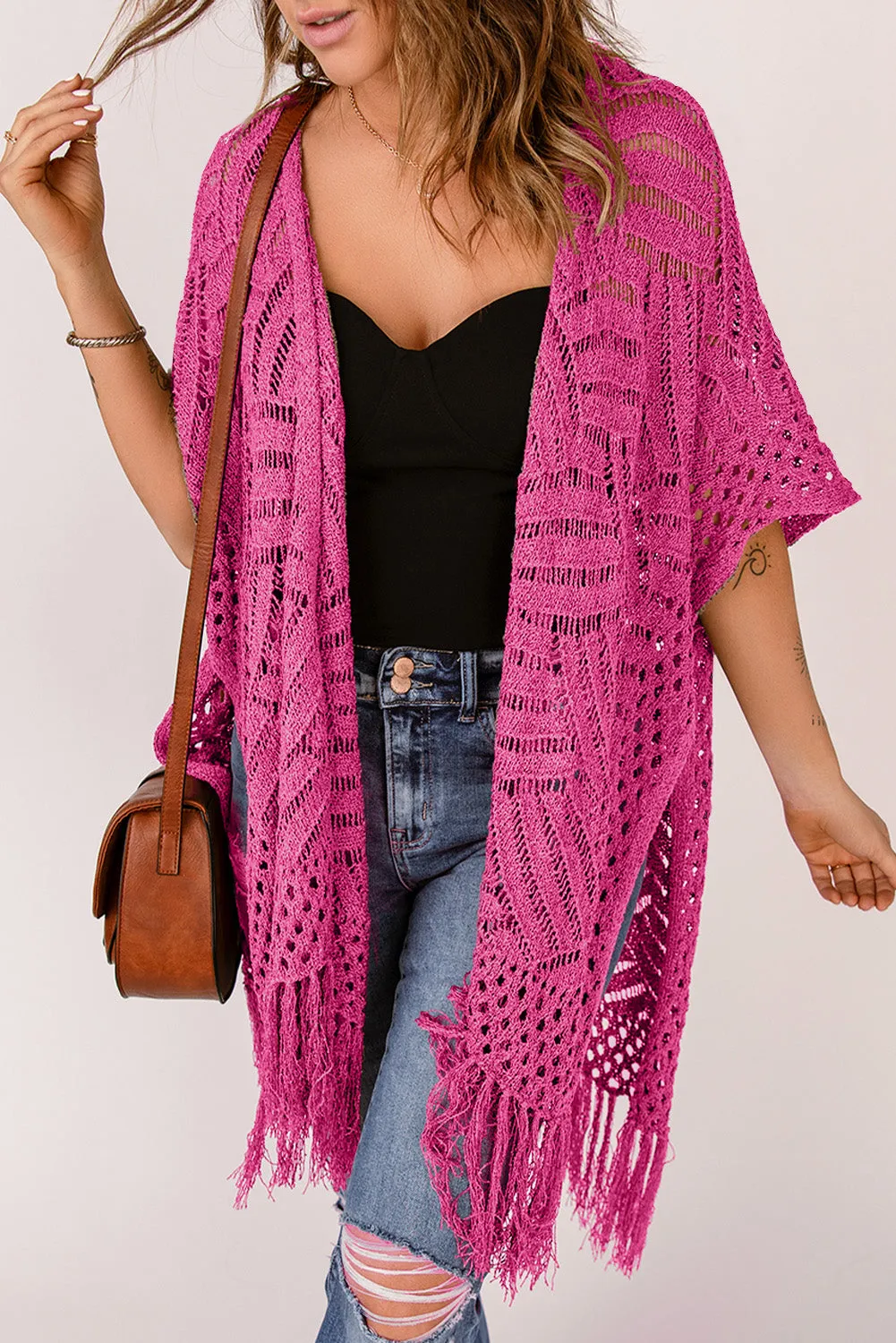 Women's Loose Knitwear Tassels Kimono with Slits