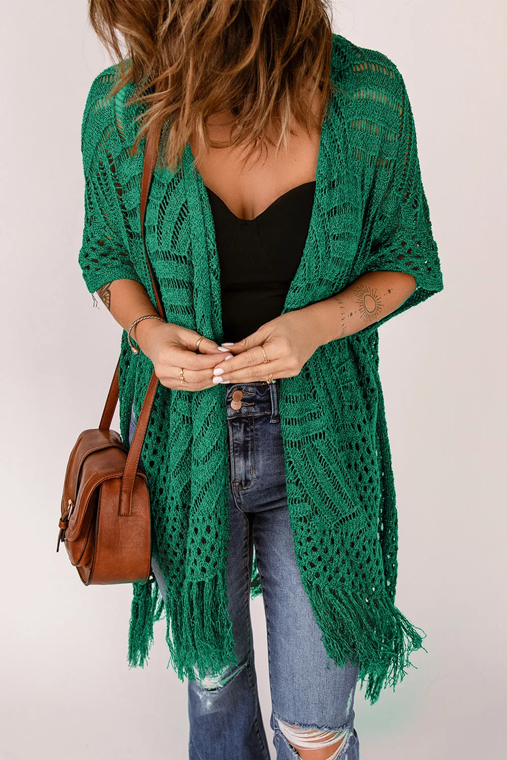 Women's Loose Knitwear Tassels Kimono with Slits