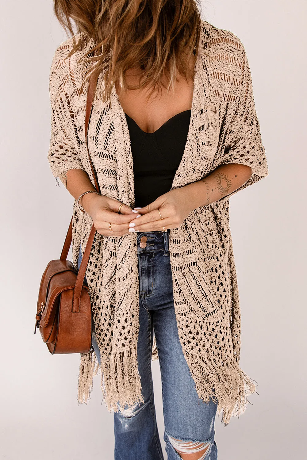 Women's Loose Knitwear Tassels Kimono with Slits