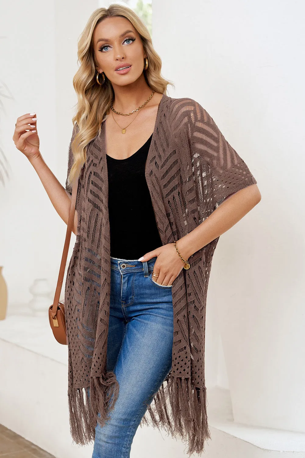 Women's Loose Knitwear Tassels Kimono with Slits