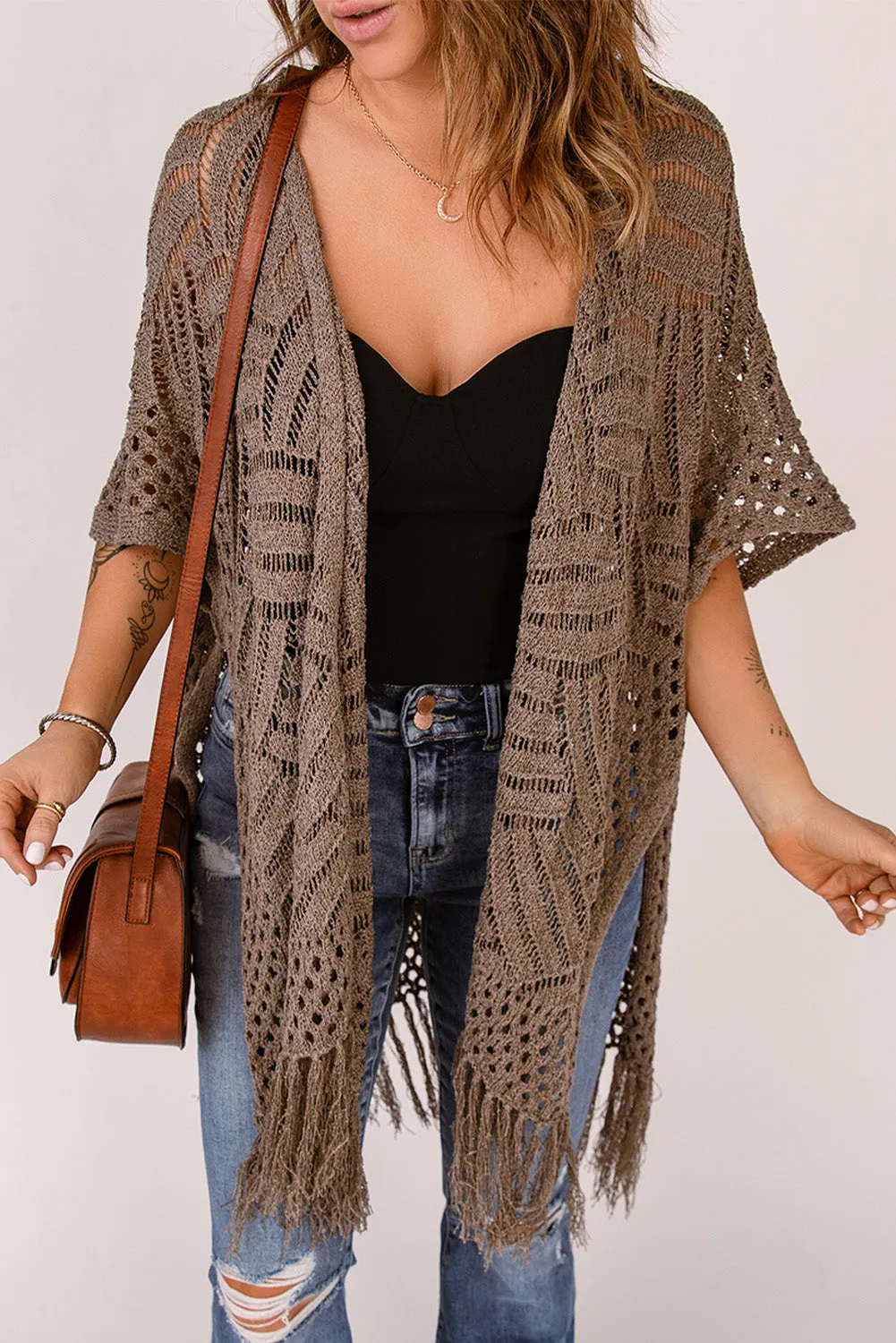 Women's Loose Knitwear Tassels Kimono with Slits