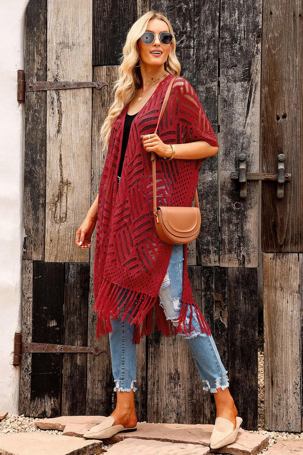 Women's Loose Knitwear Tassels Kimono with Slits