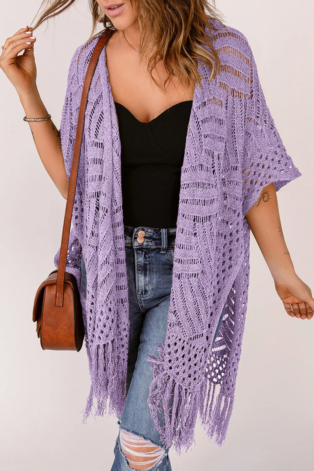 Women's Loose Knitwear Tassels Kimono with Slits