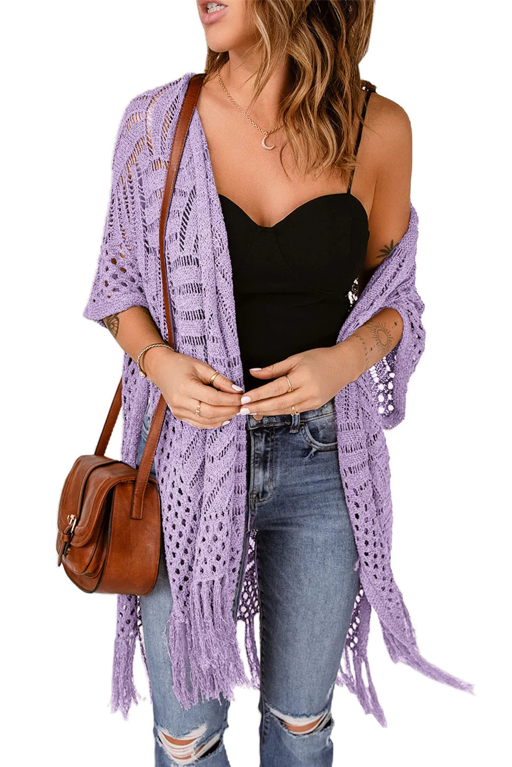 Women's Loose Knitwear Tassels Kimono with Slits