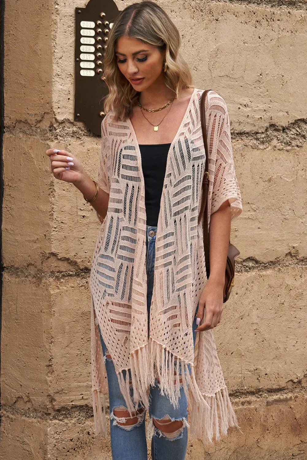 Women's Loose Knitwear Tassels Kimono with Slits