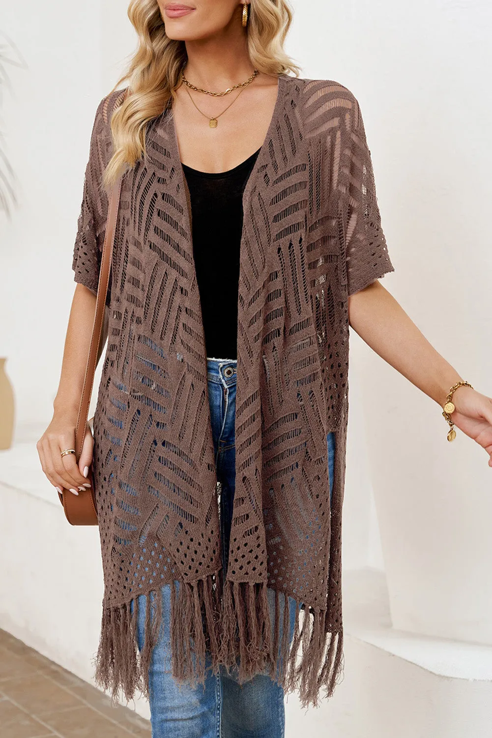 Women's Loose Knitwear Tassels Kimono with Slits