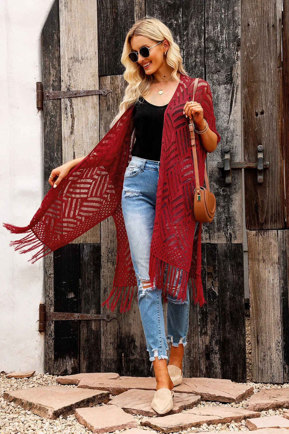 Women's Loose Knitwear Tassels Kimono with Slits